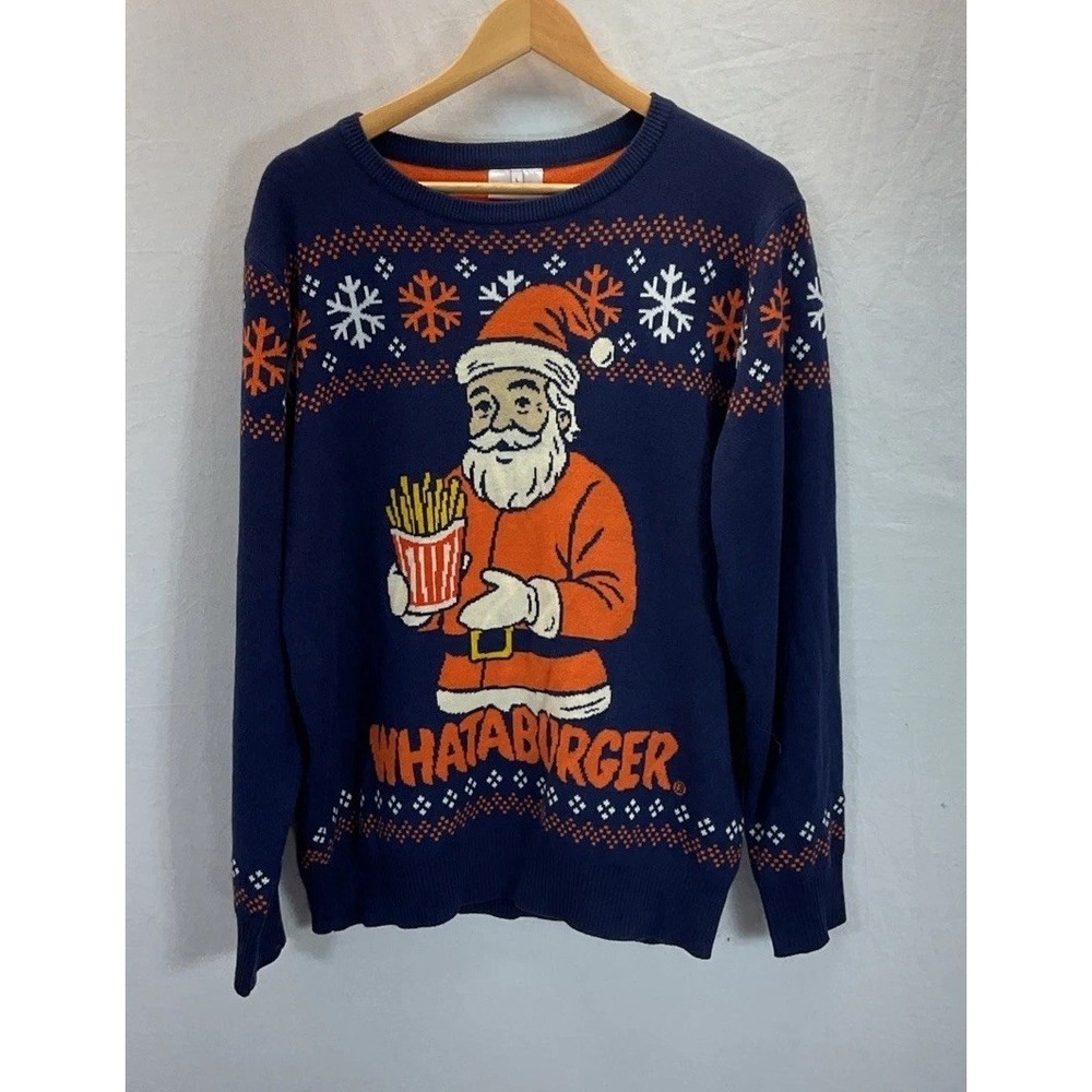 Whataburger Christmas Santa‎ w/Frys Sweater Sz L Holiday Ugly Sweater Rare Blue